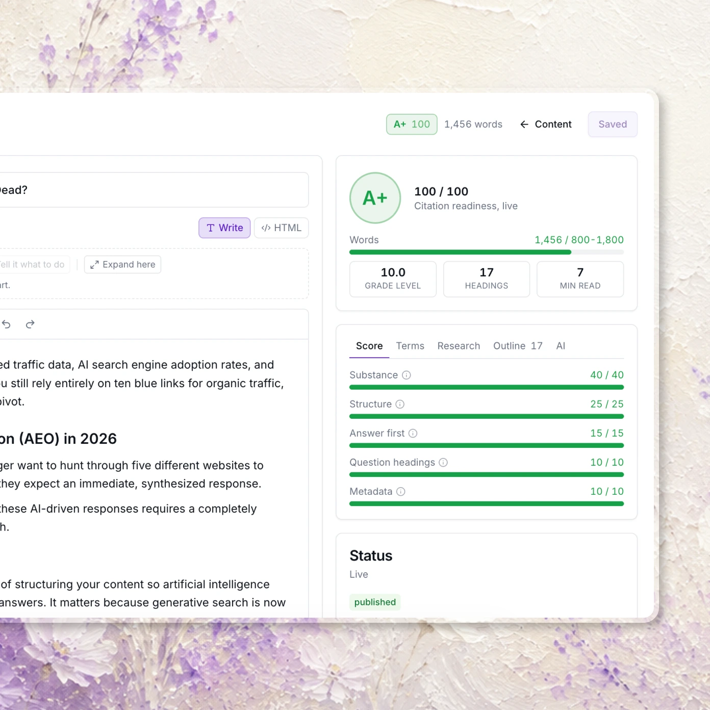 WildSEO content editor showing a citation readiness score of 100